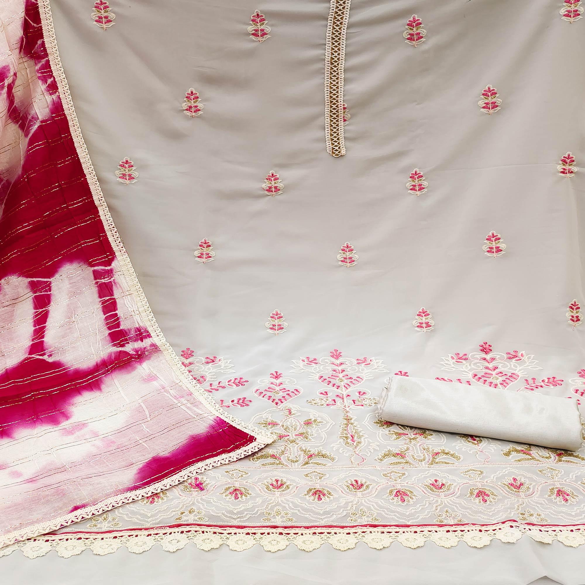 Grey Floral Embroidered Georgette Dress Material - Peachmode