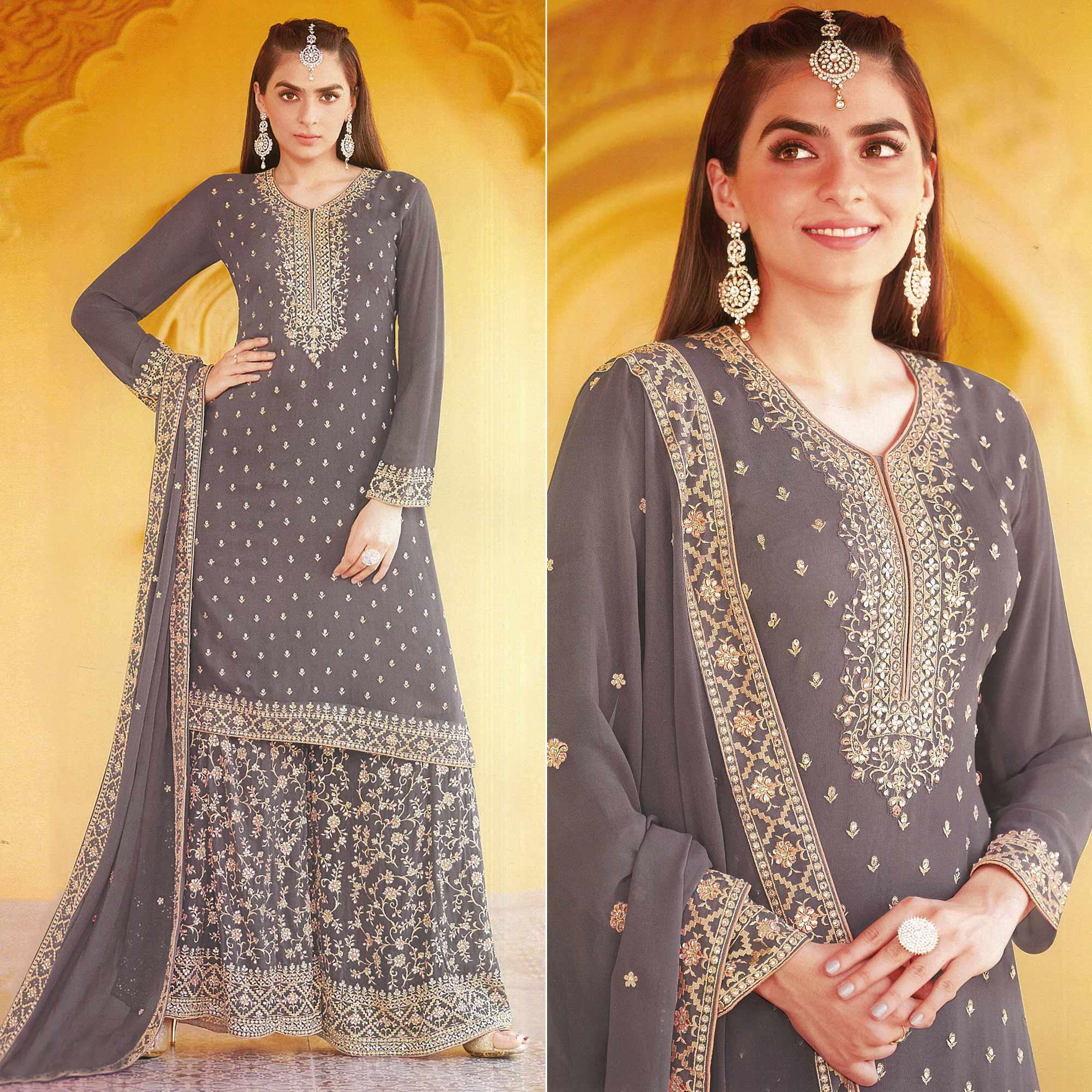 Grey Floral Embroidered Georgette Sharara Suit - Peachmode
