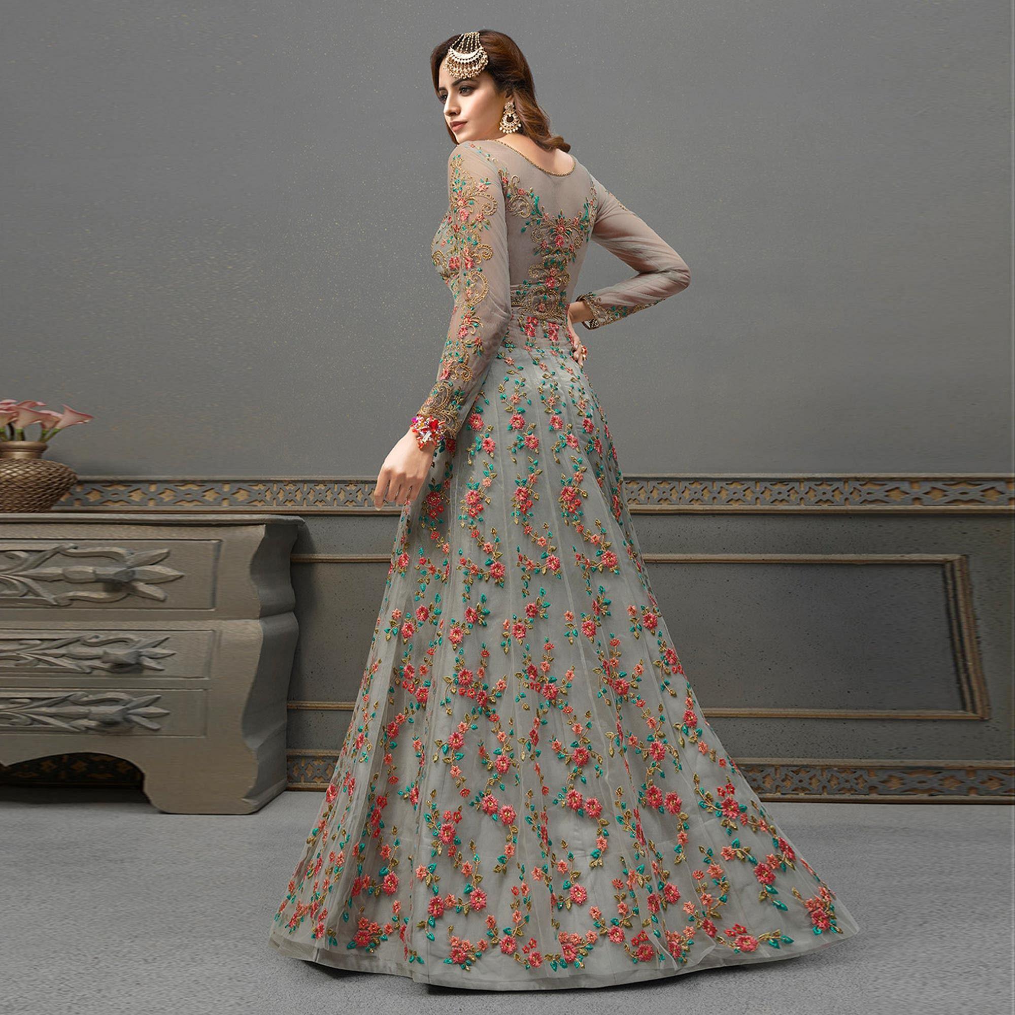 Grey Floral Embroidered Handwork Net Gown - Peachmode