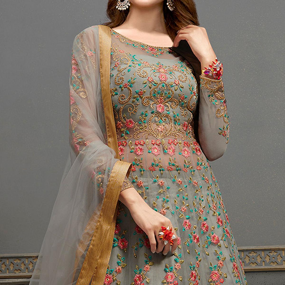 Grey Floral Embroidered Handwork Net Gown - Peachmode