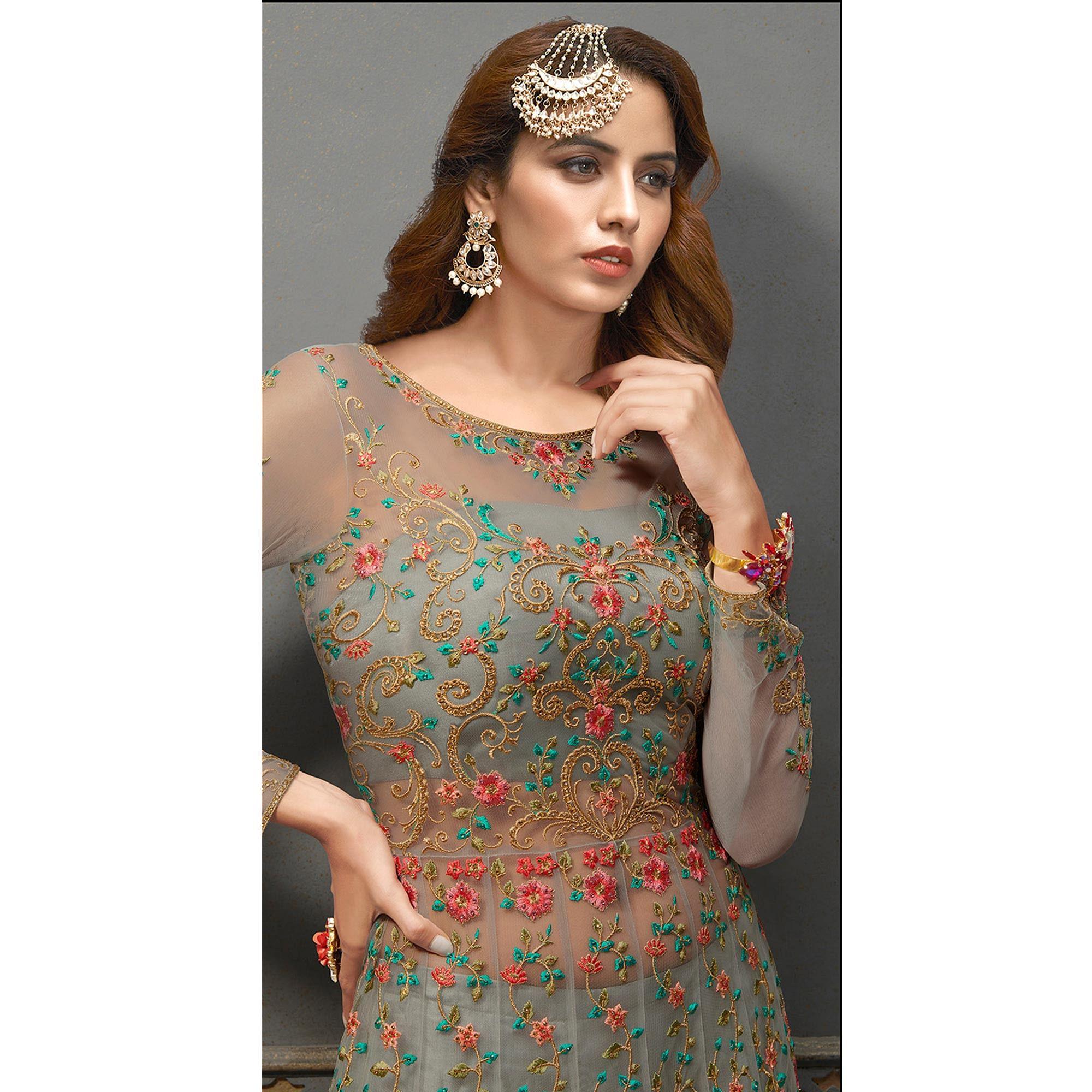 Grey Floral Embroidered Handwork Net Gown - Peachmode