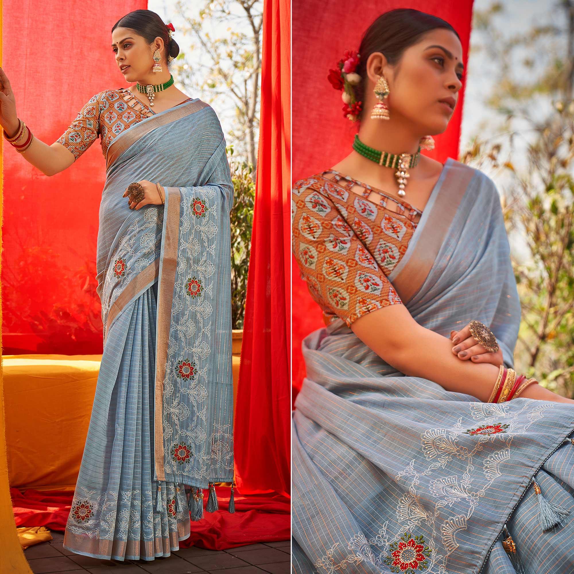 Grey Floral Embroidered Linen Saree - Peachmode