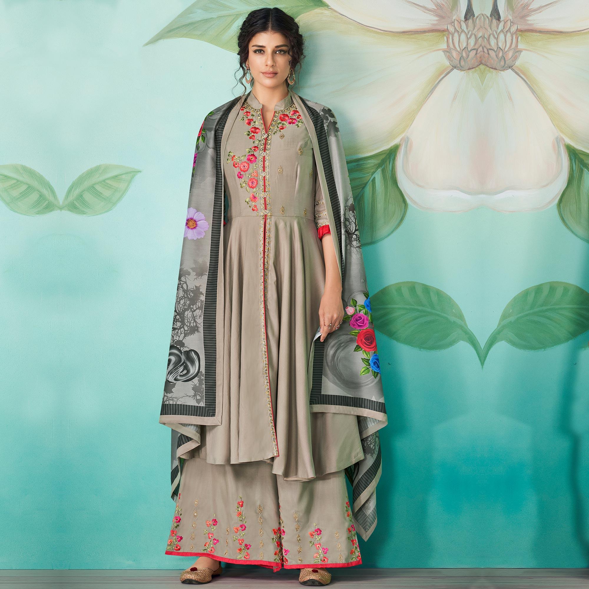 Grey Floral Embroidered Muslin Kurti Palazzo Set With Dupatta - Peachmode