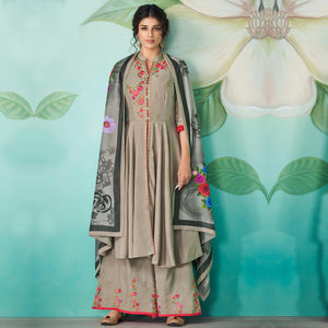 Grey Floral Embroidered Muslin Kurti Palazzo Set With Dupatta - Peachmode