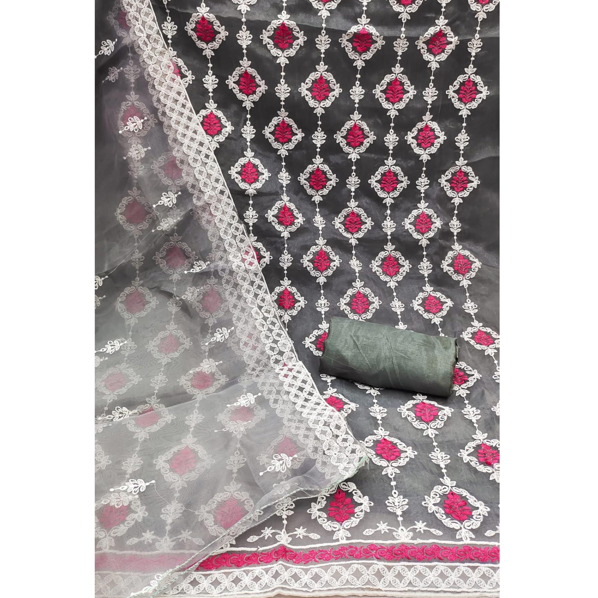 Grey Floral Embroidered Organza Dress Material - Peachmode