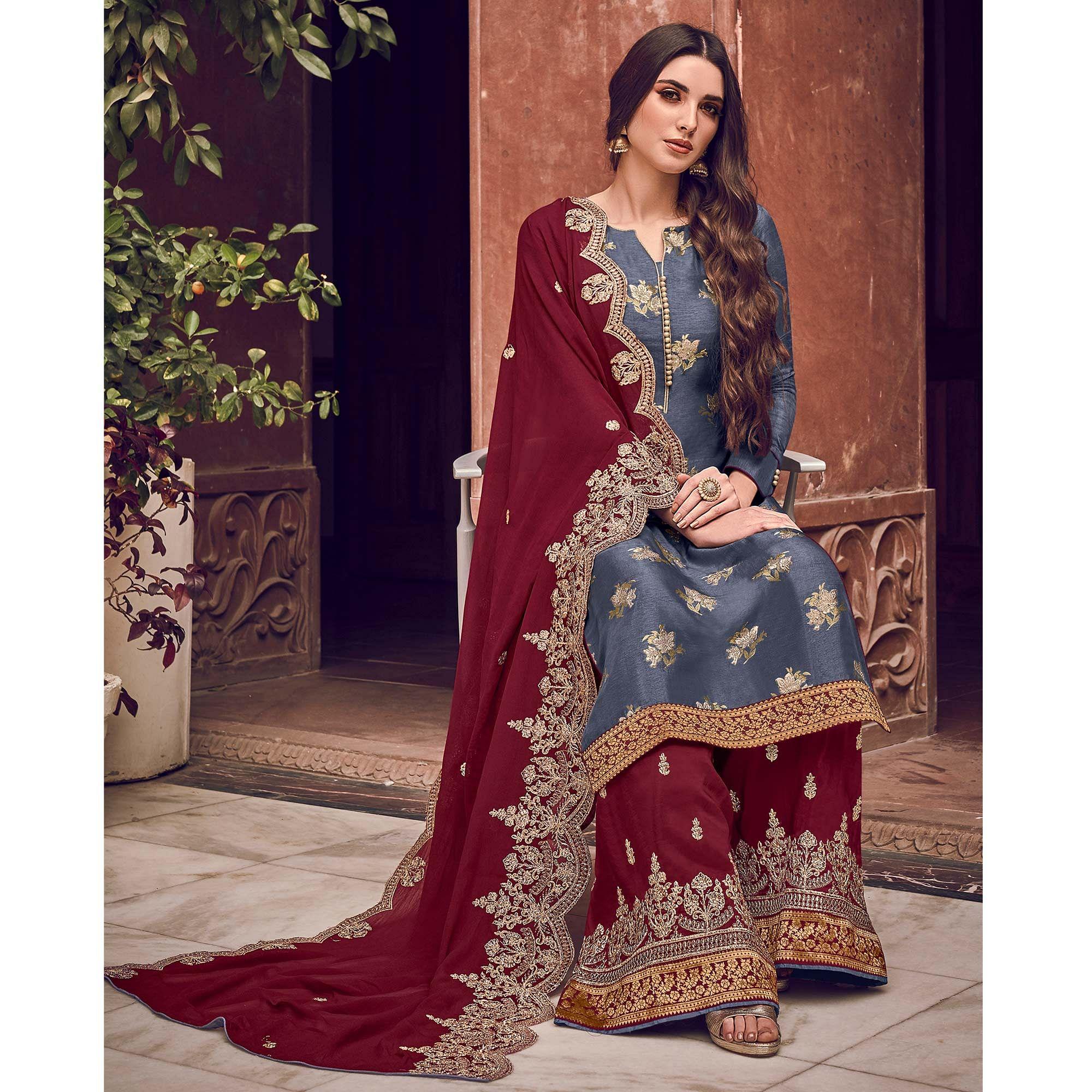 Grey Floral Embroidered Pure Dola Jacquard Partywear Suit - Peachmode