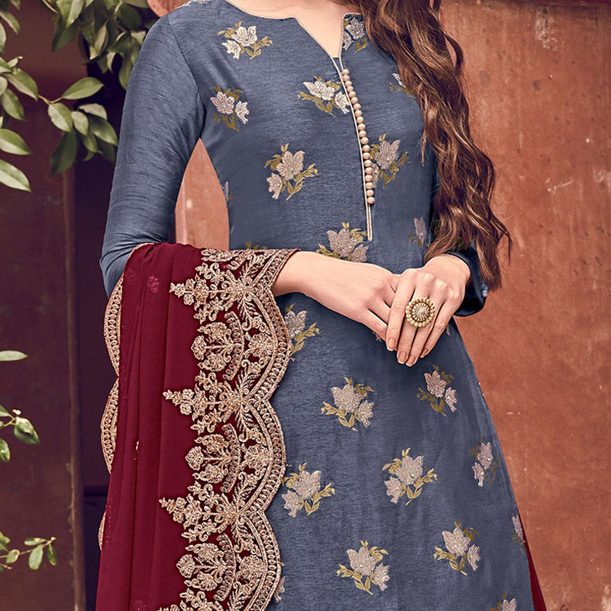 Grey Floral Embroidered Pure Dola Jacquard Partywear Suit - Peachmode