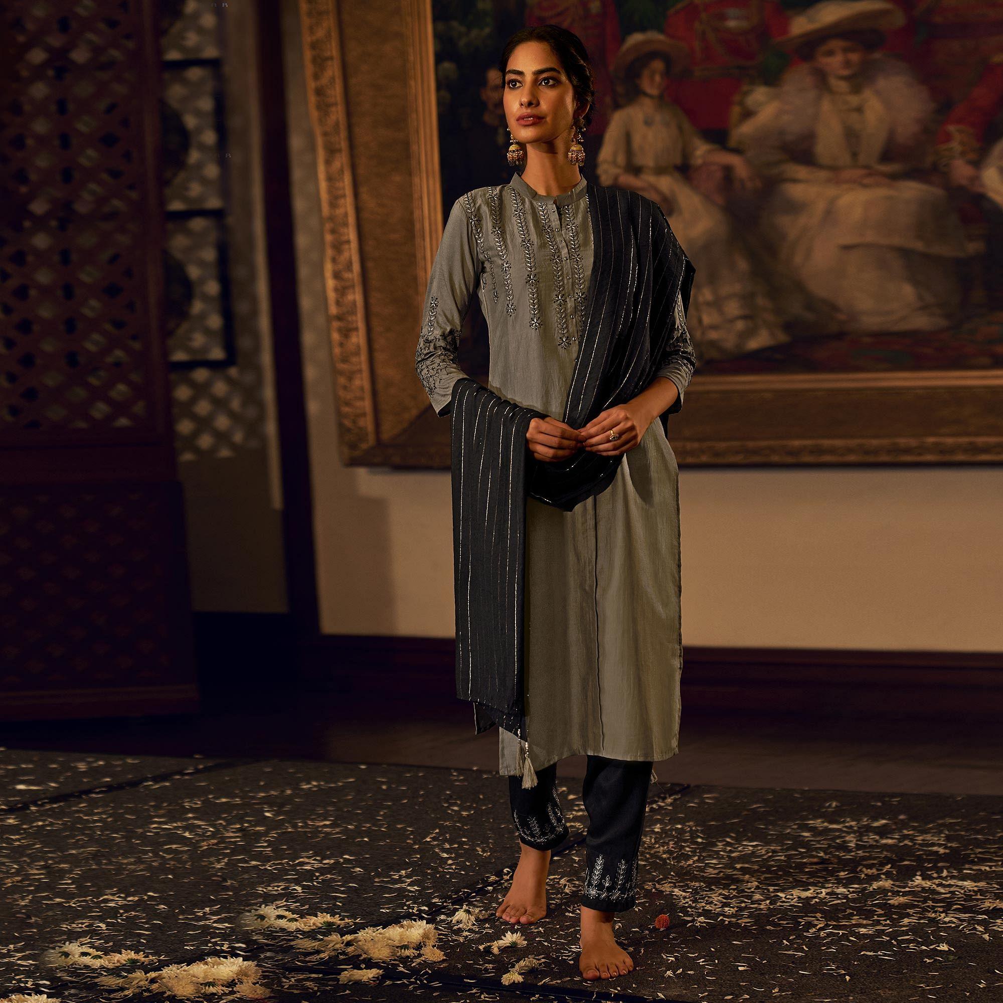 Grey Floral Embroidered Pure Viscose Silk Partywear Suit - Peachmode