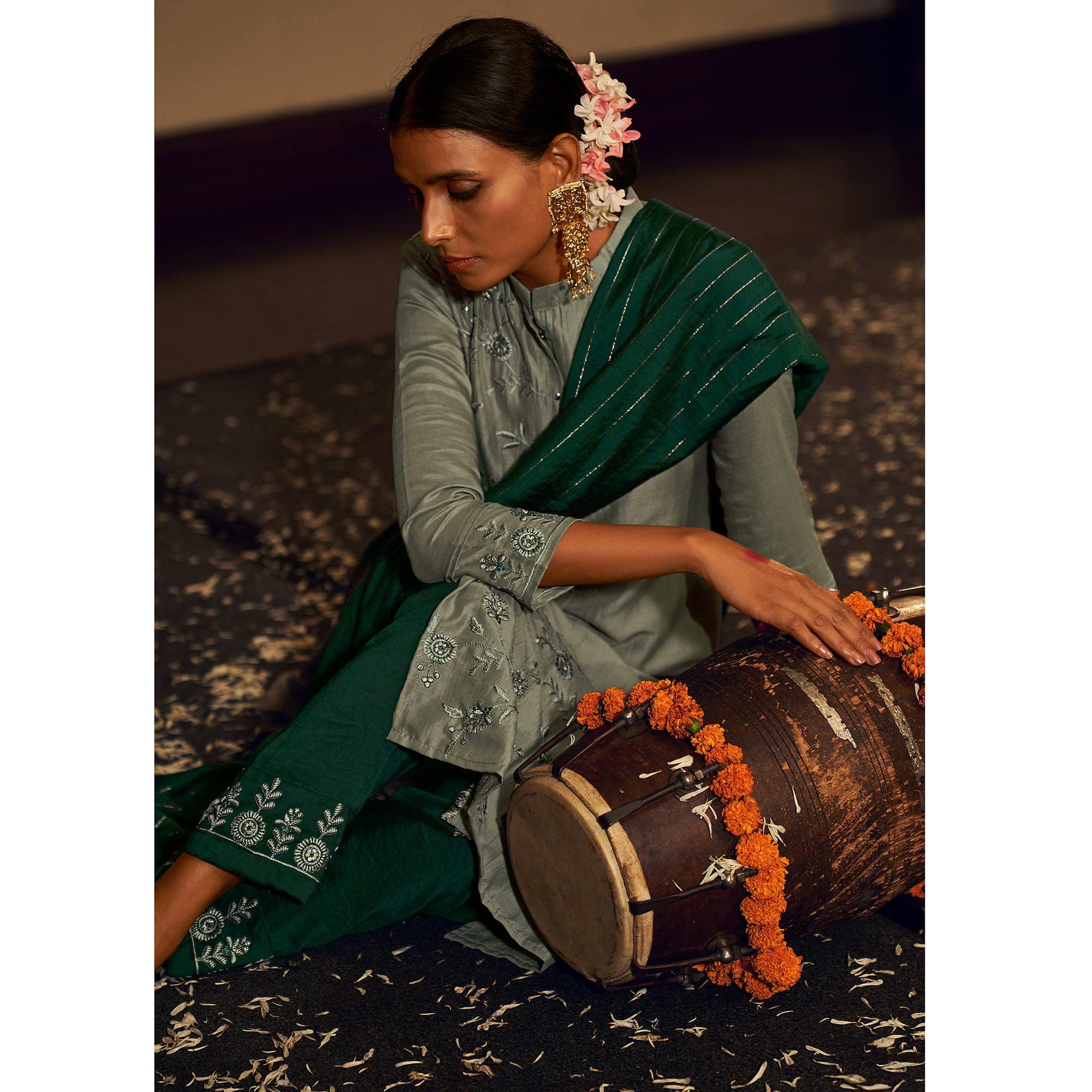 Grey Floral Embroidered Pure Viscose Silk Partywear Suit - Peachmode