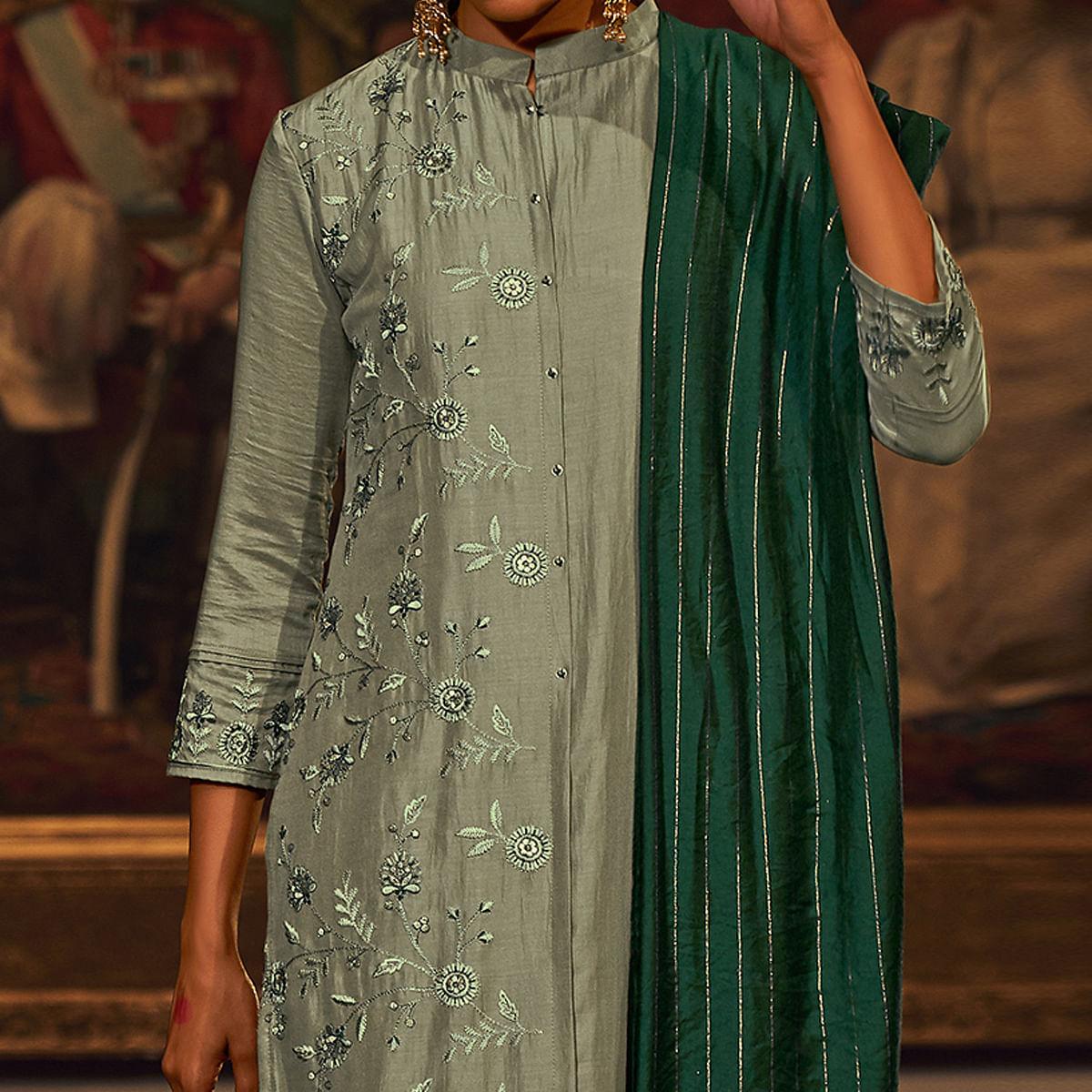 Grey Floral Embroidered Pure Viscose Silk Partywear Suit - Peachmode