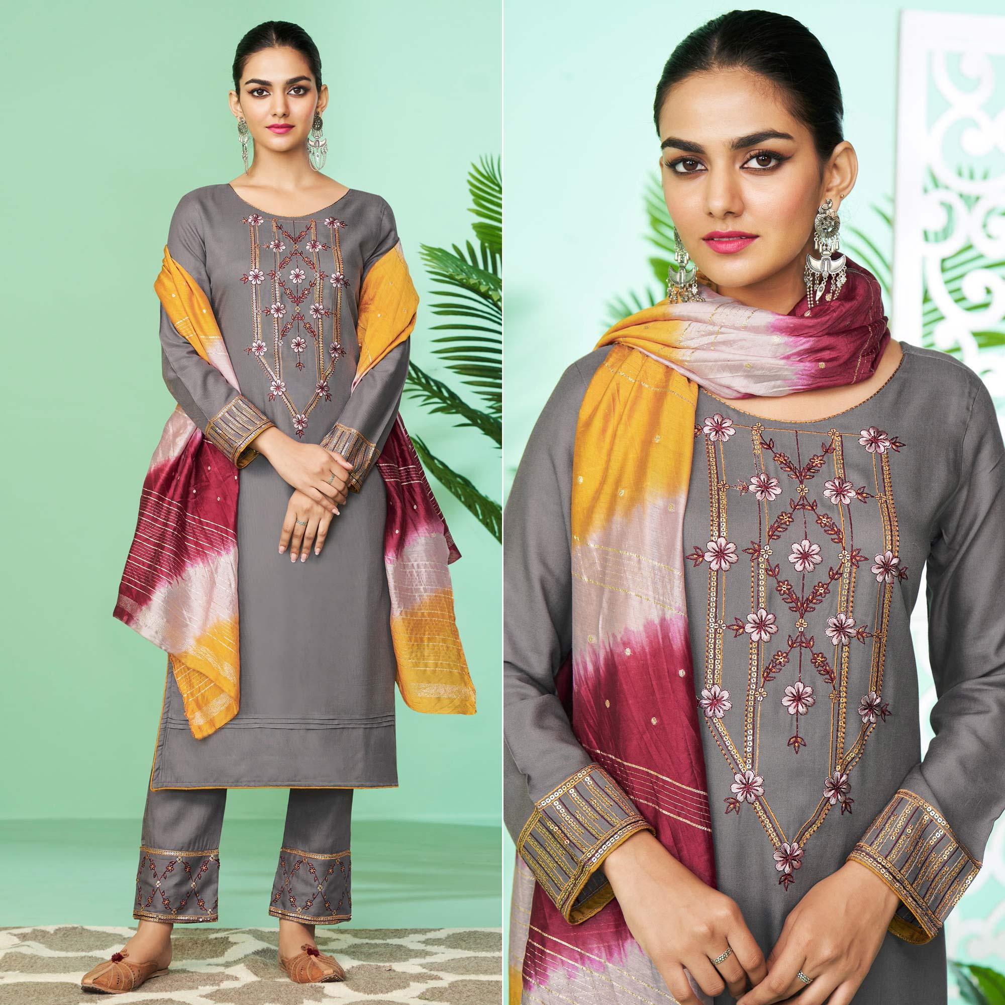 Grey Floral Embroidered Rayon Kurti Pant Set - Peachmode