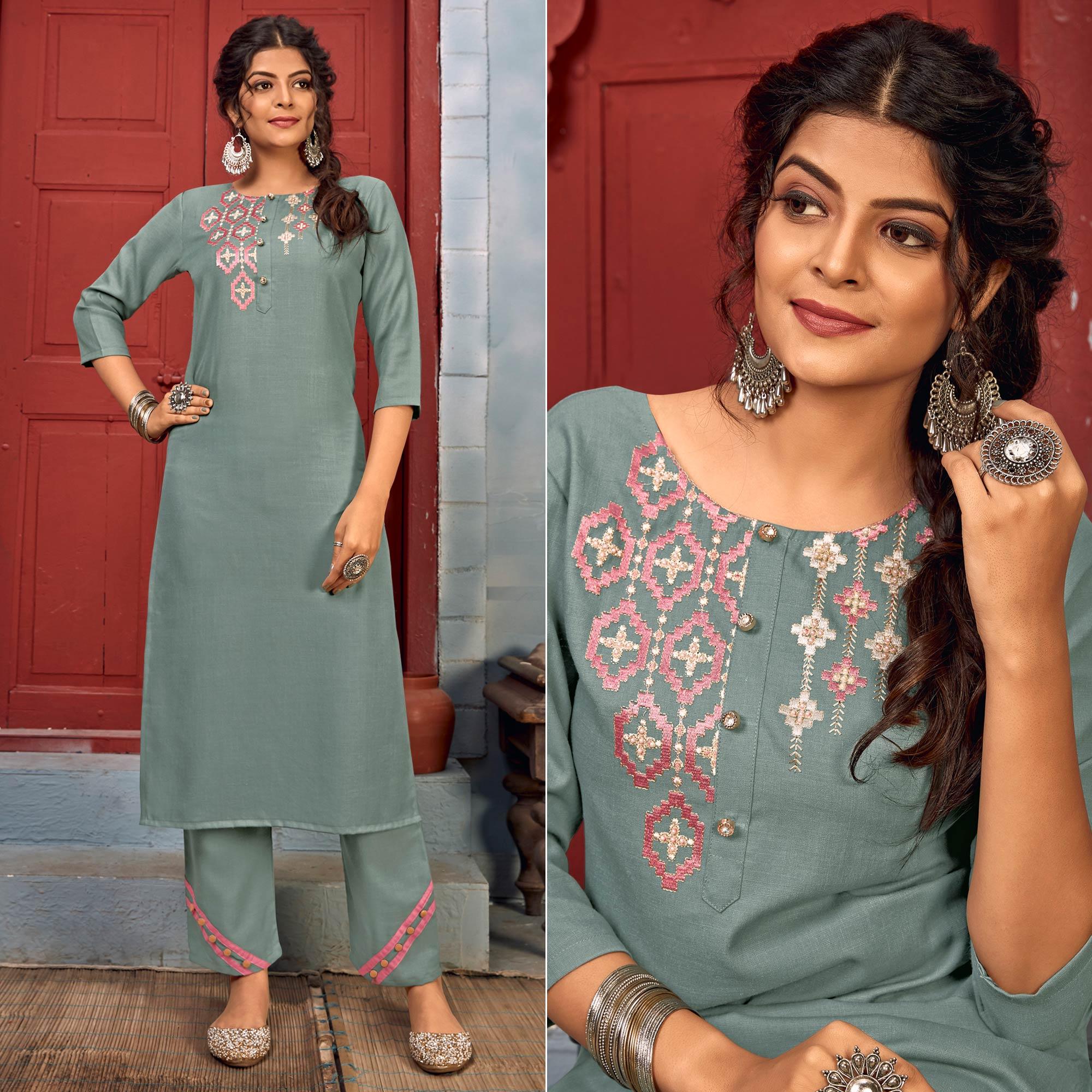 Grey Floral Embroidered Rayon Kurti Pant Set - Peachmode