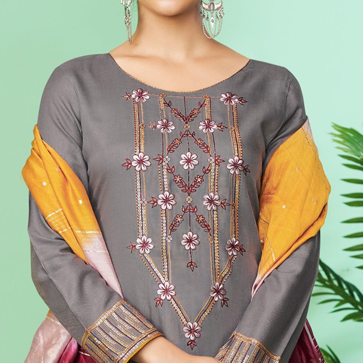 Grey Floral Embroidered Rayon Kurti Pant Set - Peachmode