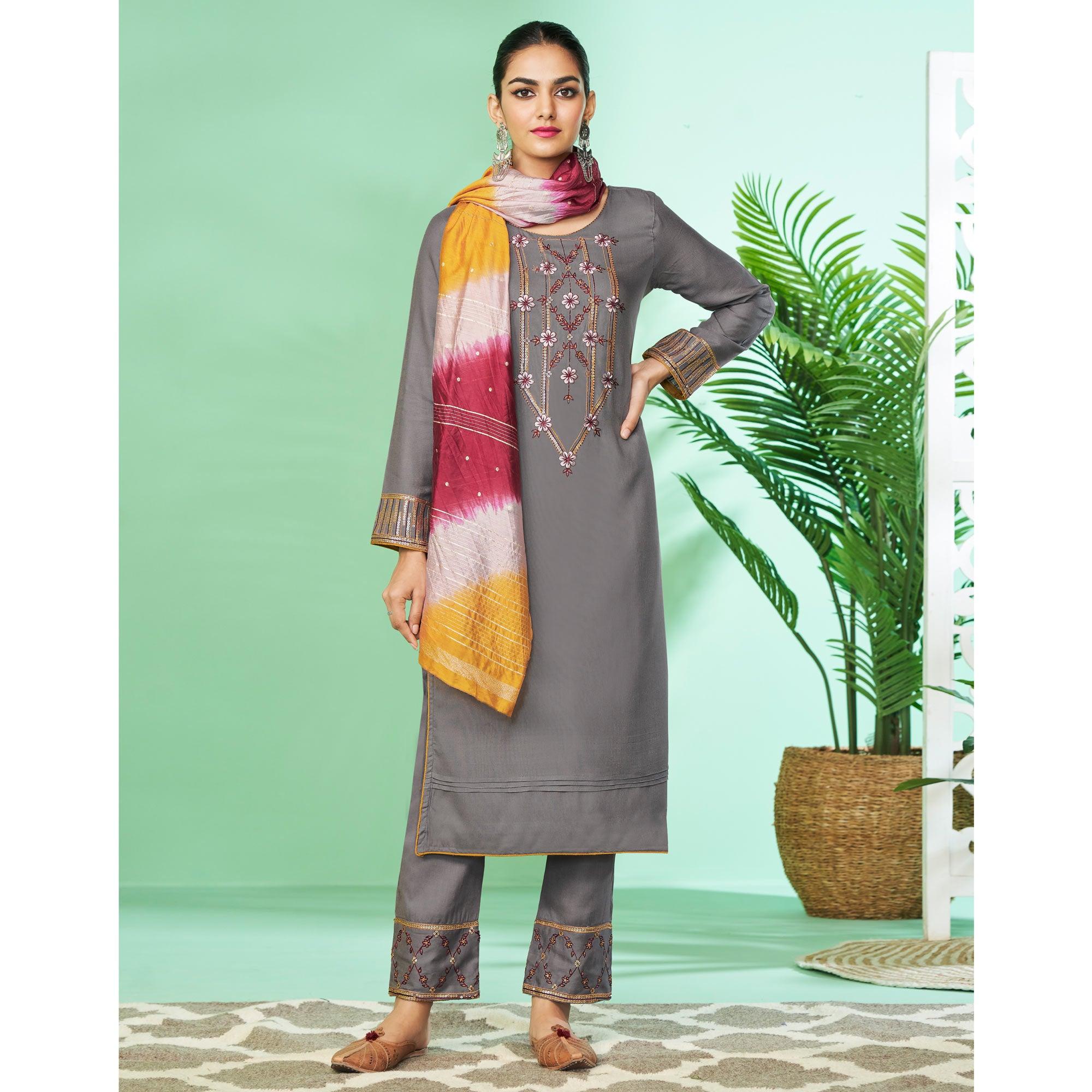 Grey Floral Embroidered Rayon Kurti Pant Set - Peachmode
