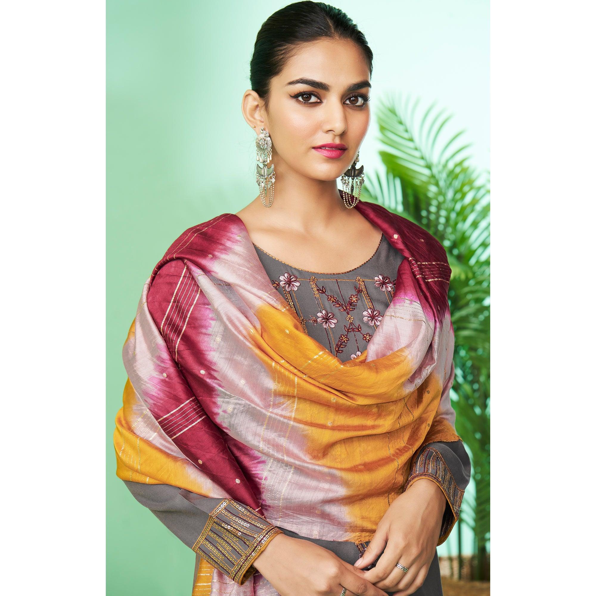 Grey Floral Embroidered Rayon Kurti Pant Set - Peachmode