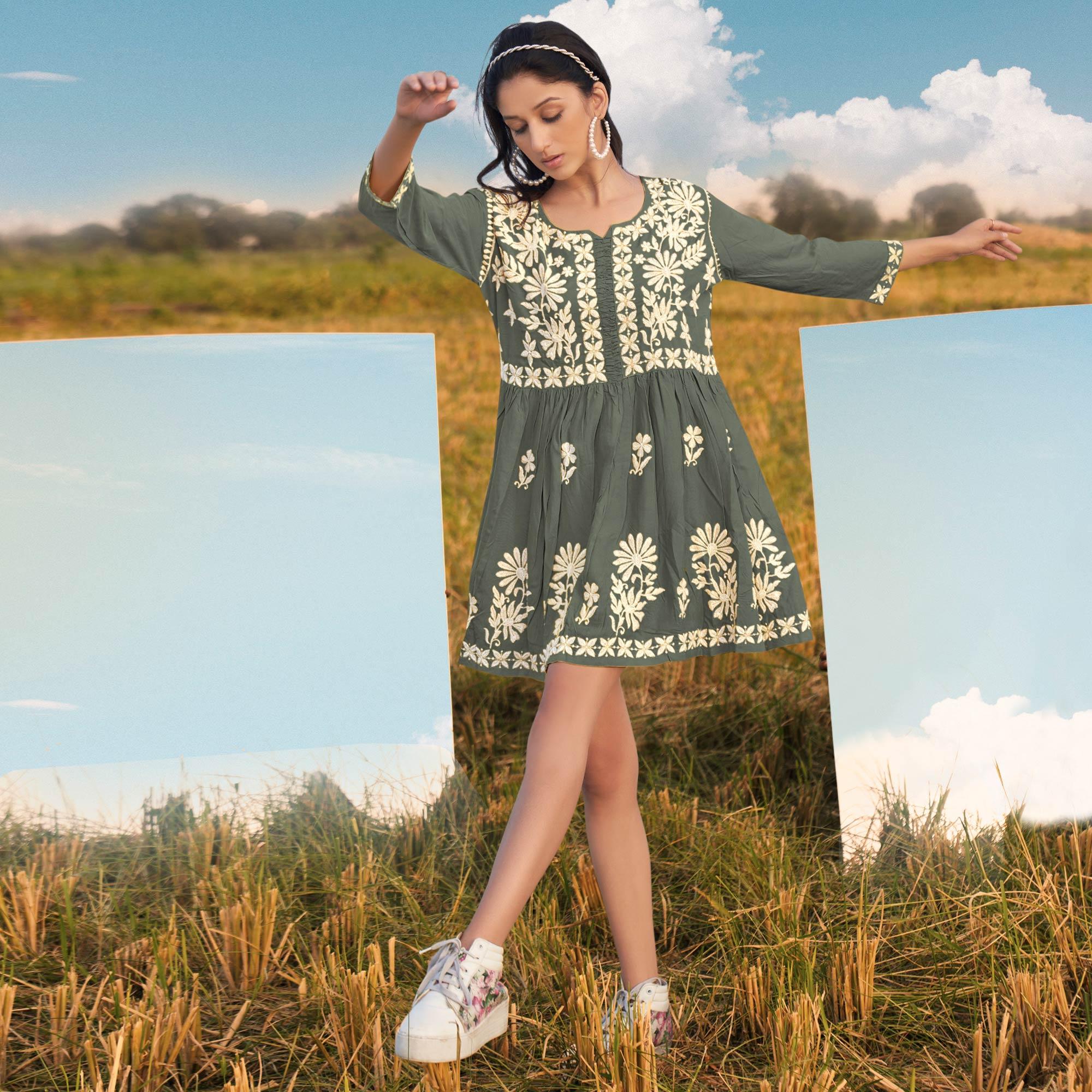 Grey Floral Embroidered Rayon Top - Peachmode