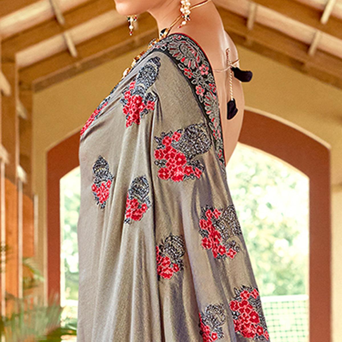 Grey Floral Embroidered Vichitra Silk Saree - Peachmode