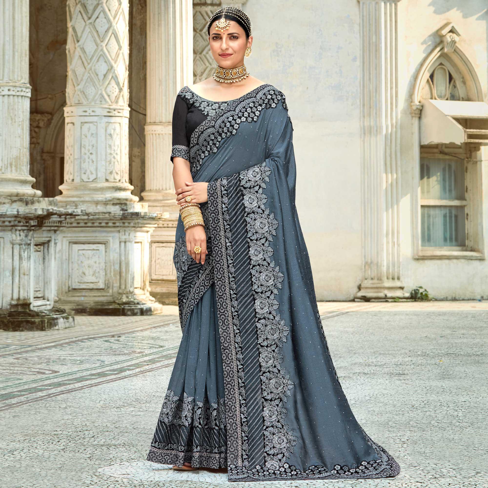 Grey Floral Embroidered Vichitra Silk Saree - Peachmode