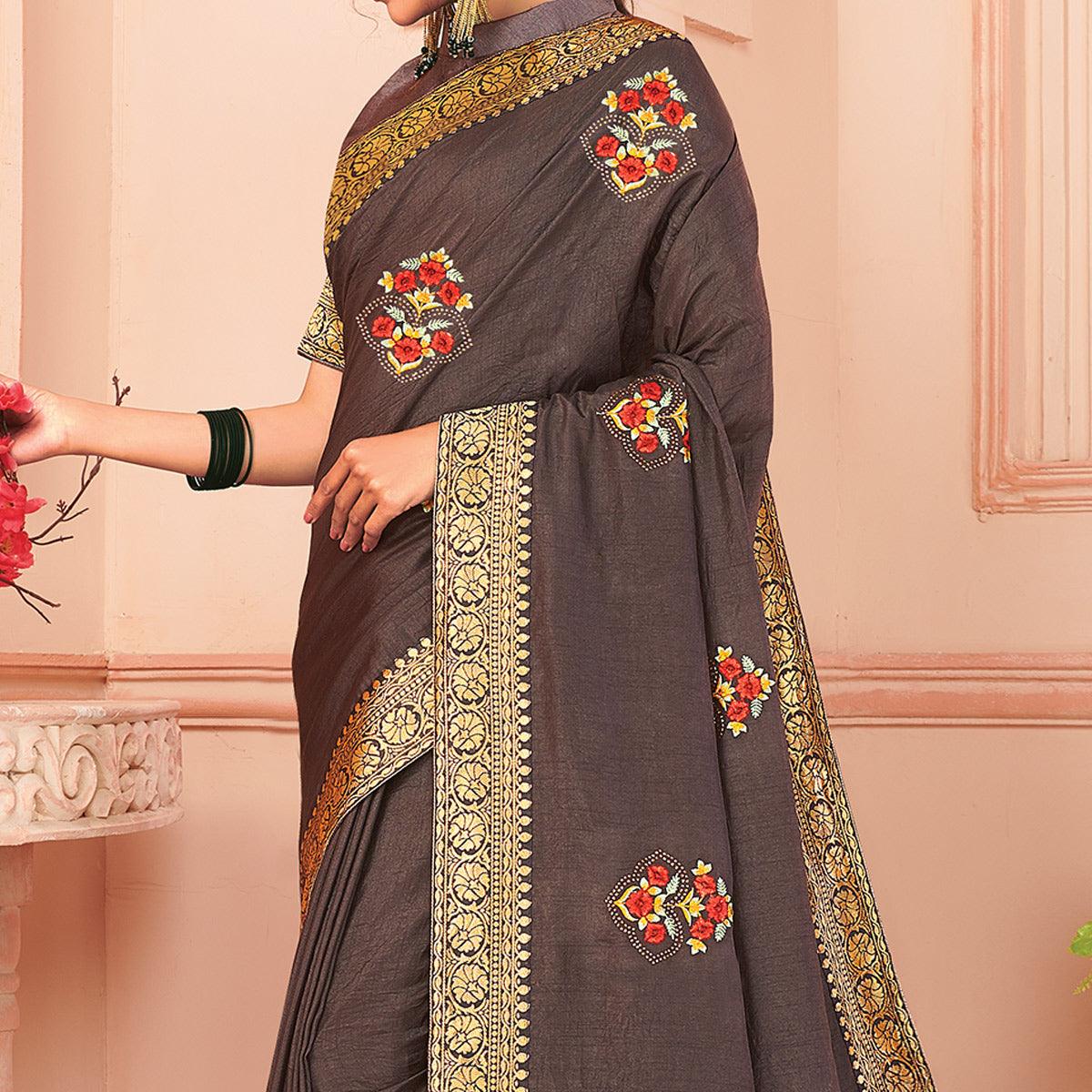 Grey Floral Embroidered Vichitra Silk Saree - Peachmode
