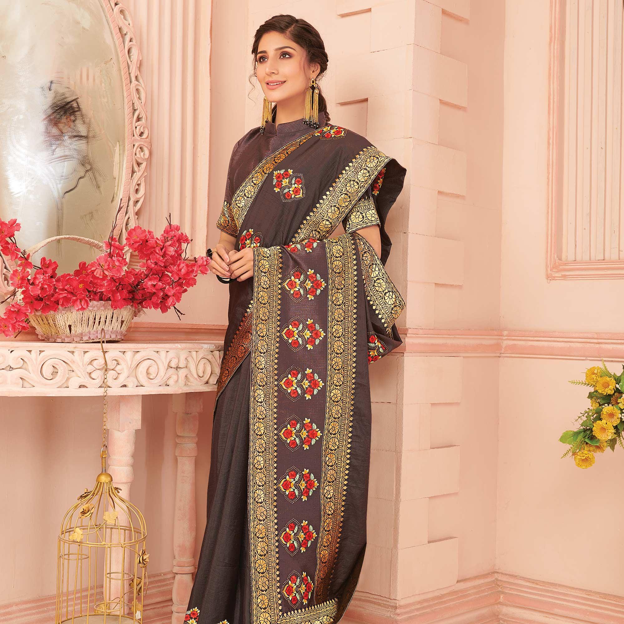 Grey Floral Embroidered Vichitra Silk Saree - Peachmode