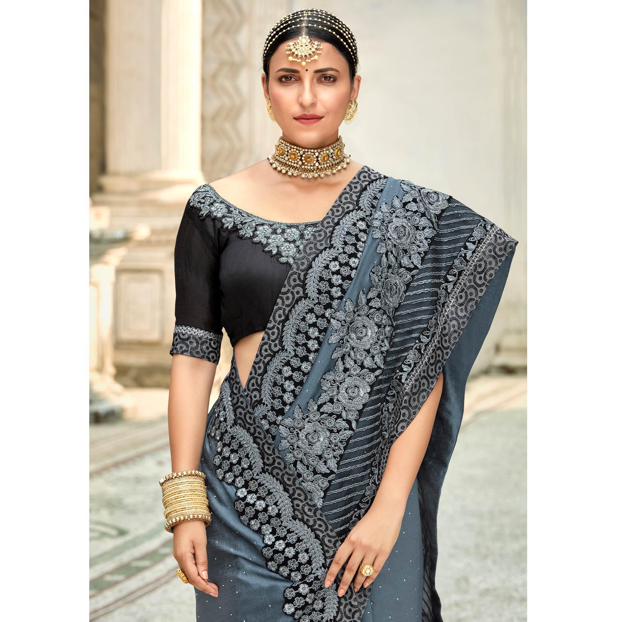 Grey Floral Embroidered Vichitra Silk Saree - Peachmode