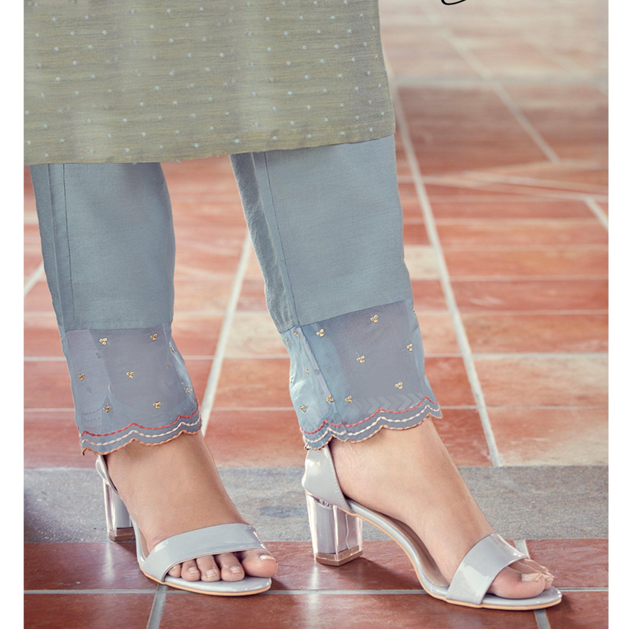 Grey Floral Embroidered Viscose Salwar Suit - Peachmode