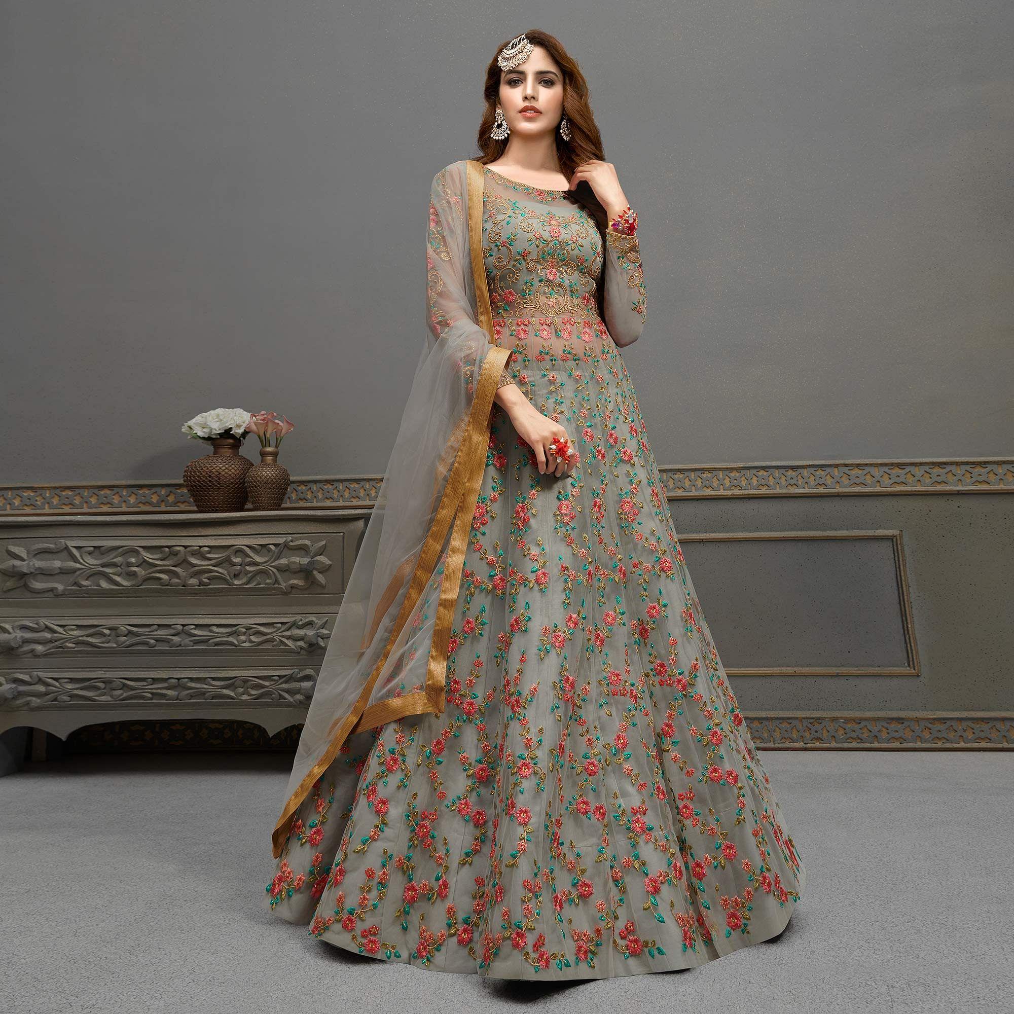 Grey Floral Embroidered With Handwork Soft Net Partywear Gown - Peachmode