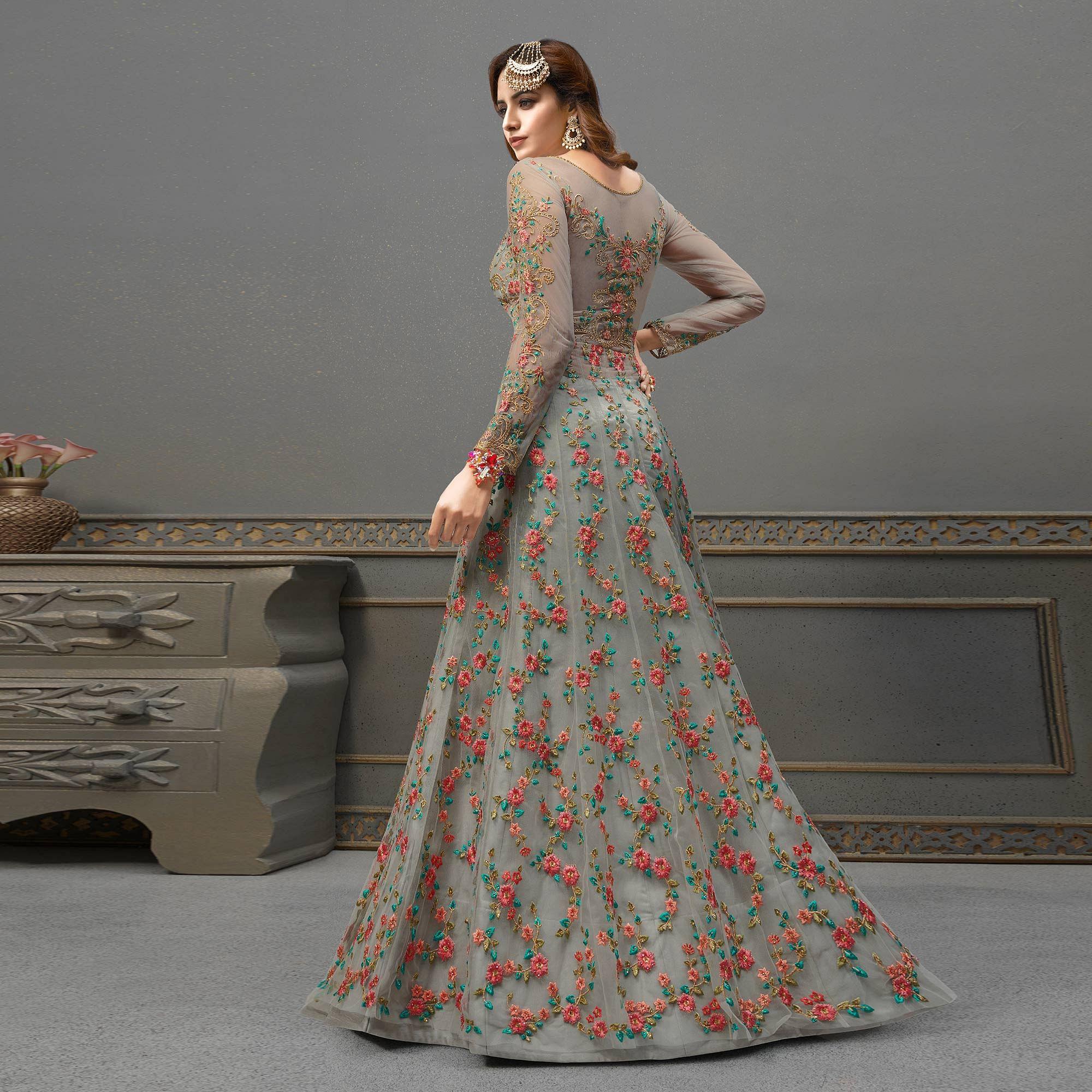 Grey Floral Embroidered With Handwork Soft Net Partywear Gown - Peachmode