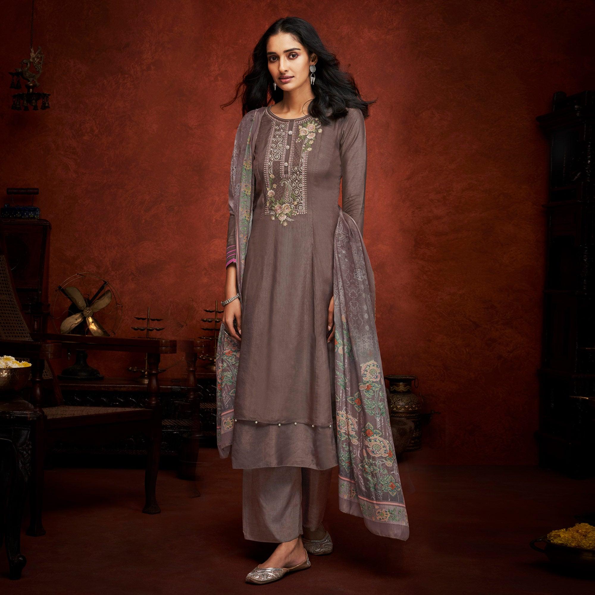 Grey Floral Embroidery With Print Pure Viscose Partywear Suit - Peachmode