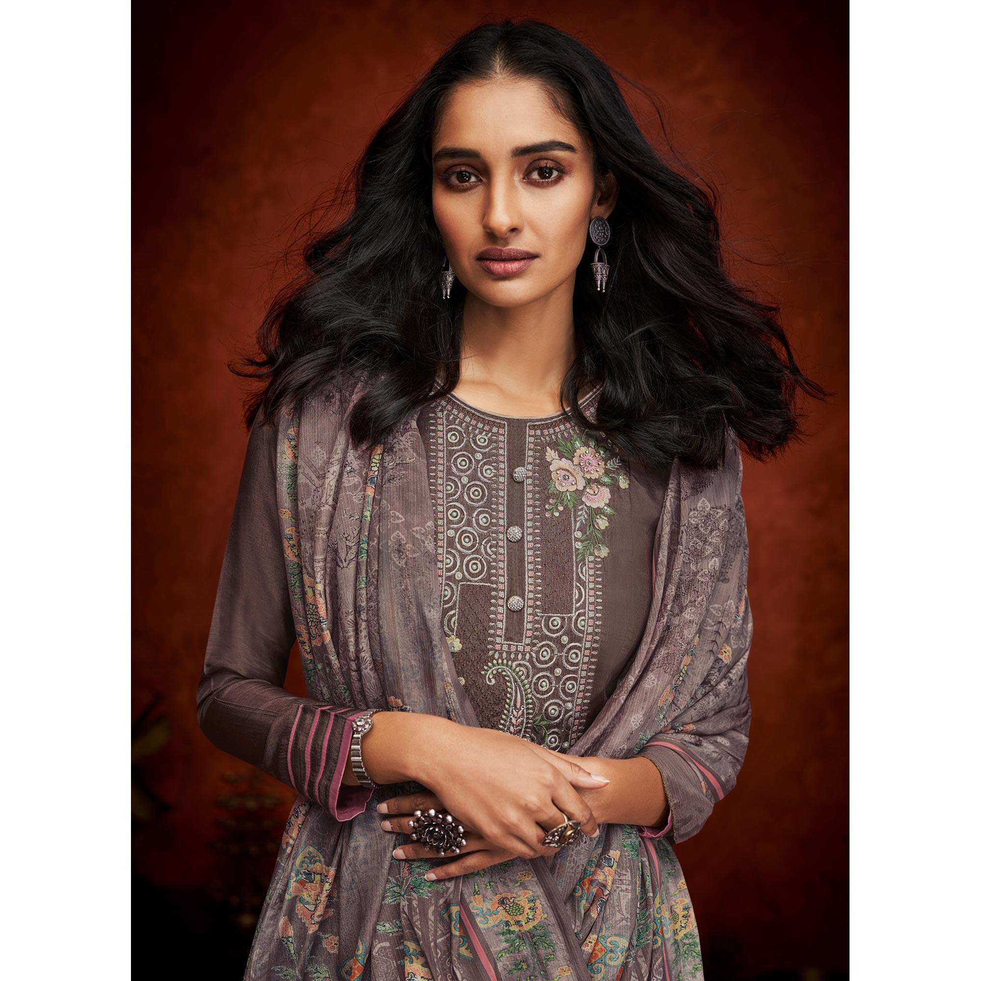 Grey Floral Embroidery With Print Pure Viscose Partywear Suit - Peachmode
