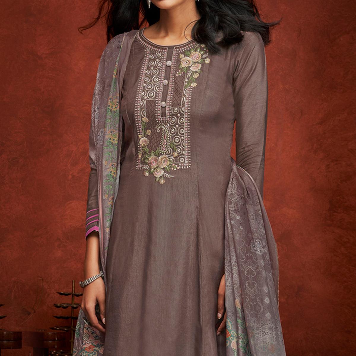 Grey Floral Embroidery With Print Pure Viscose Partywear Suit - Peachmode