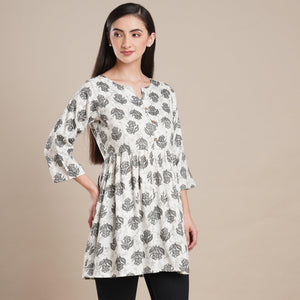 Grey Floral Foil Printed Rayon Top - Peachmode