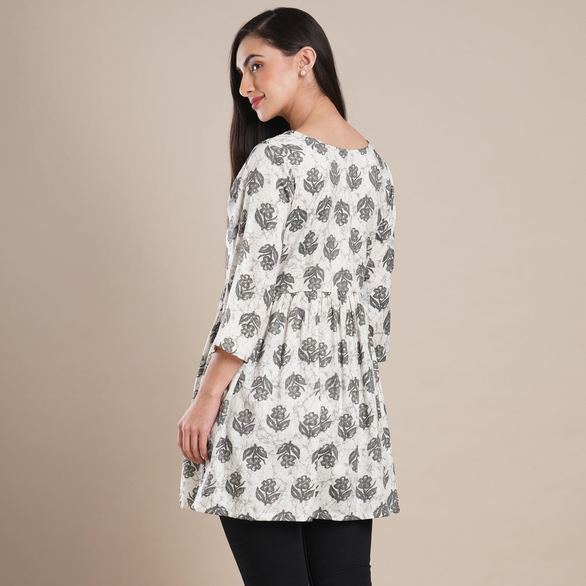 Grey Floral Foil Printed Rayon Top - Peachmode