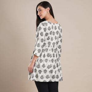 Grey Floral Foil Printed Rayon Top - Peachmode