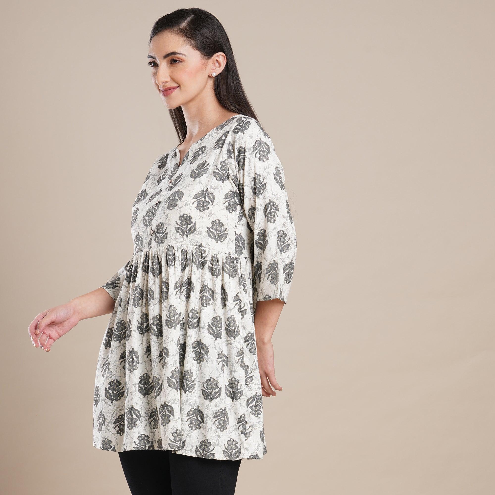 Grey Floral Foil Printed Rayon Top - Peachmode