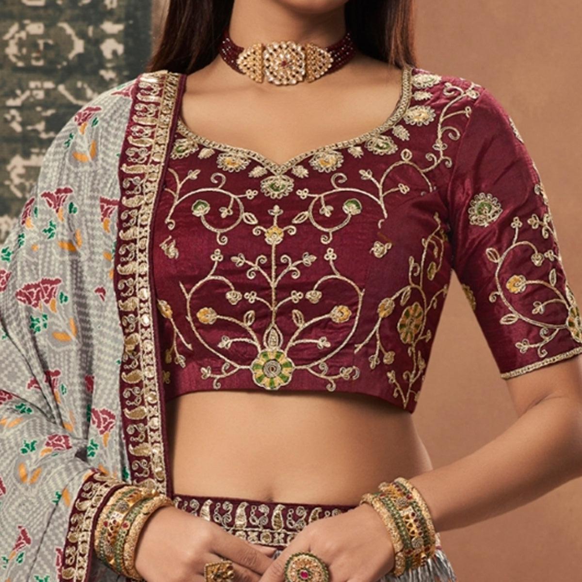 Grey Floral Printed Art Silk Lehenga Choli - Peachmode