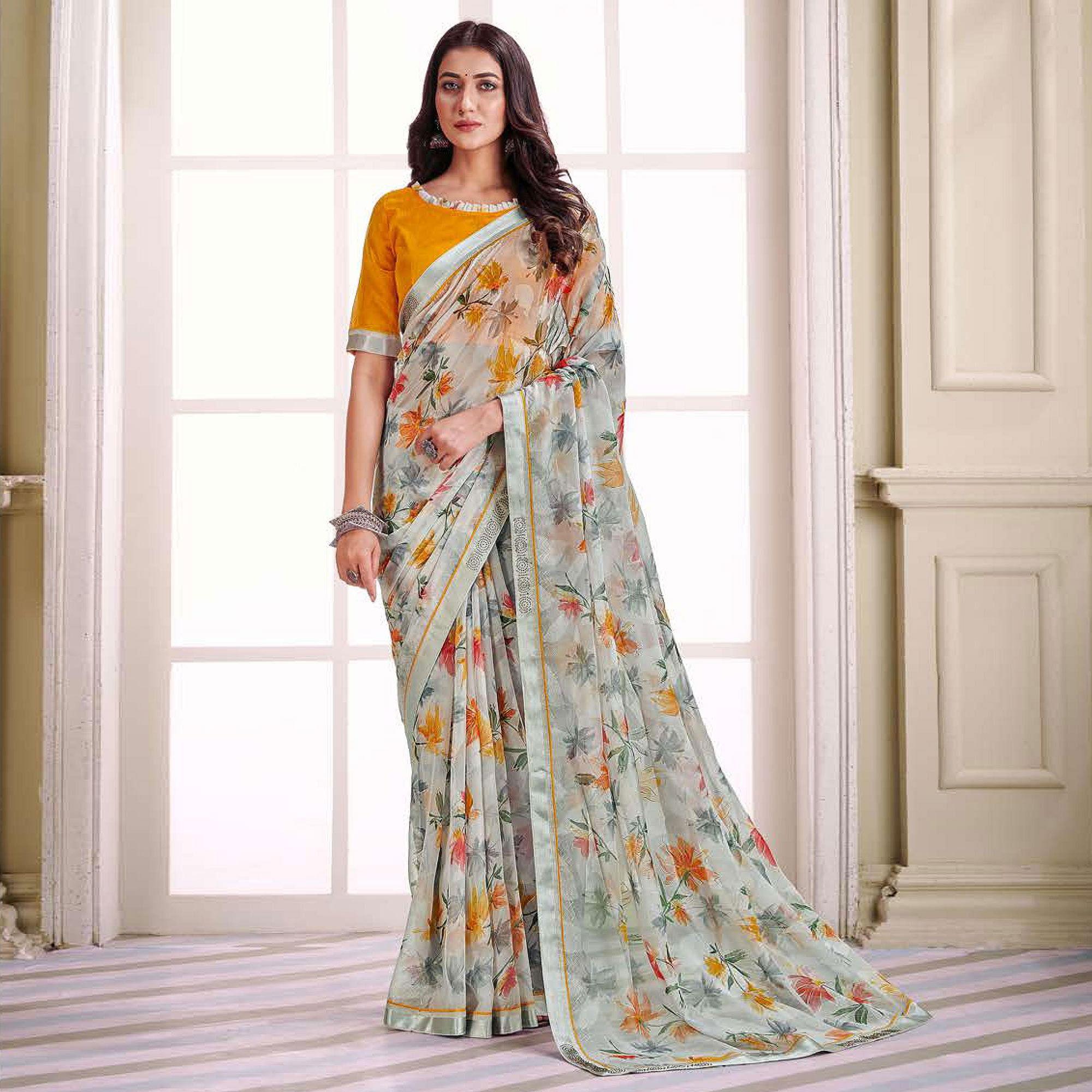 Grey Floral Printed Brasso Saree - Peachmode