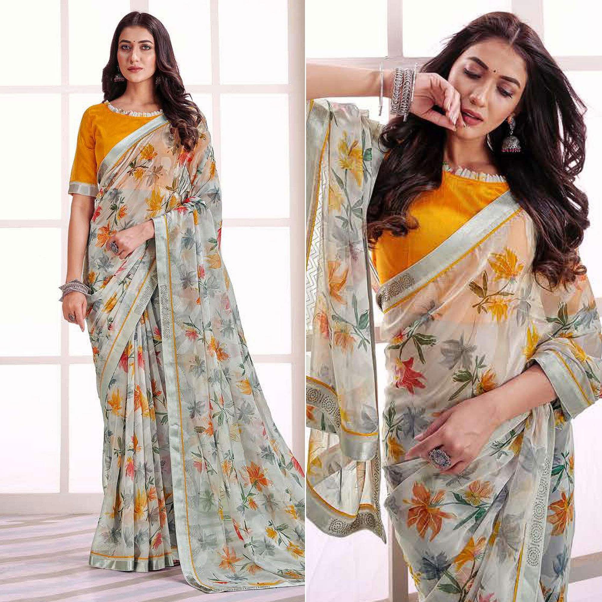 Grey Floral Printed Brasso Saree - Peachmode