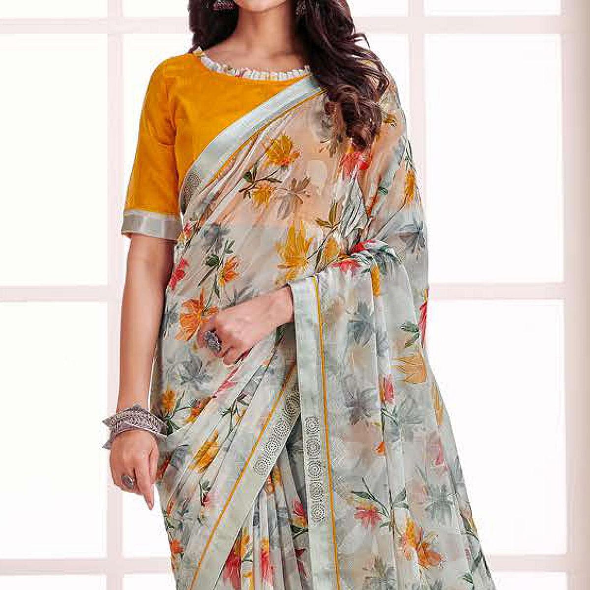 Grey Floral Printed Brasso Saree - Peachmode