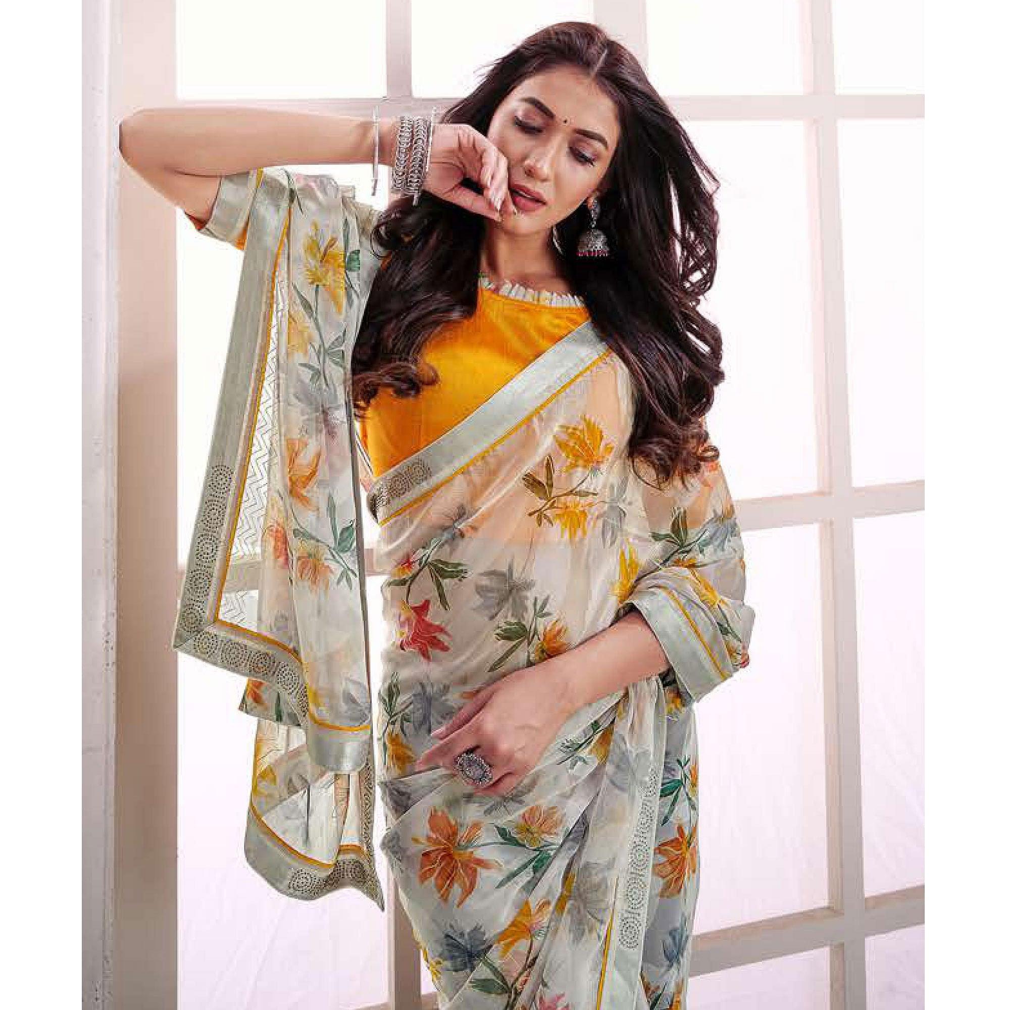Grey Floral Printed Brasso Saree - Peachmode