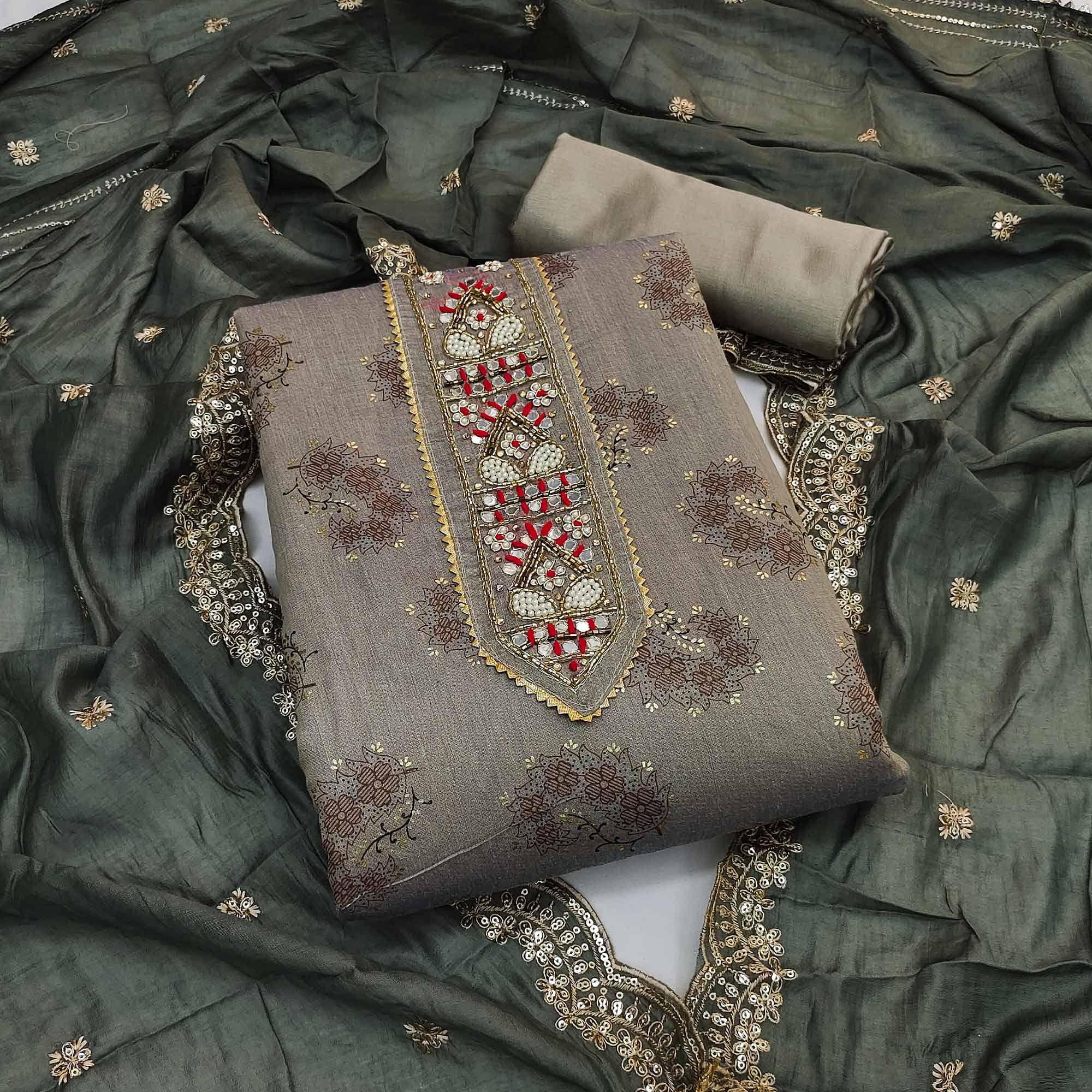 Grey Floral Printed Chanderi Dress Material - Peachmode