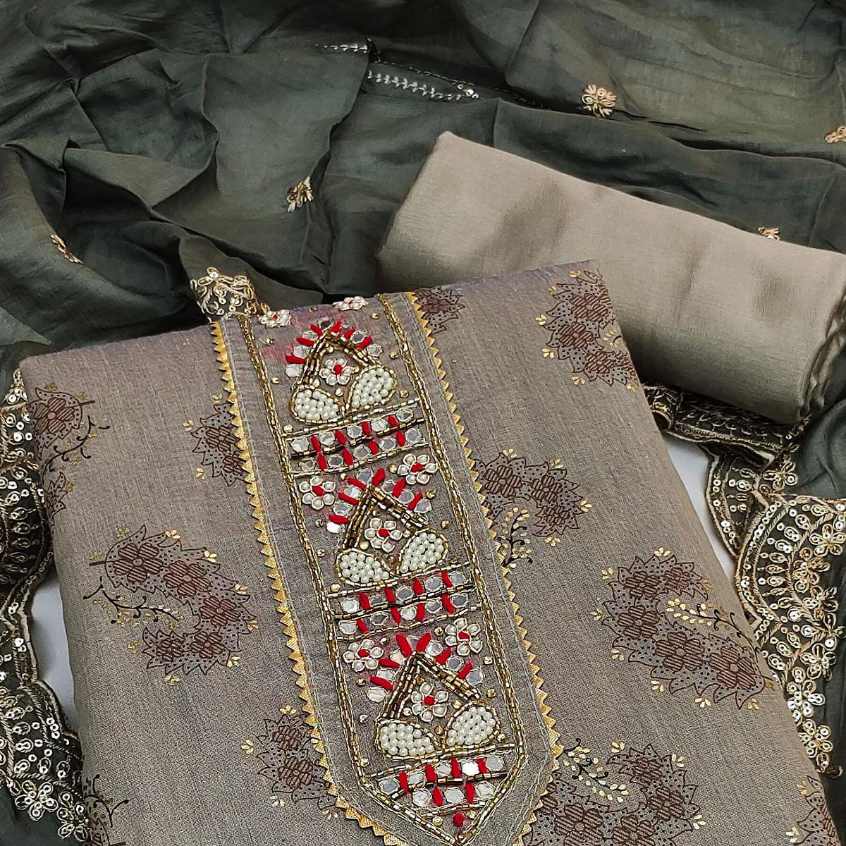 Grey Floral Printed Chanderi Dress Material - Peachmode