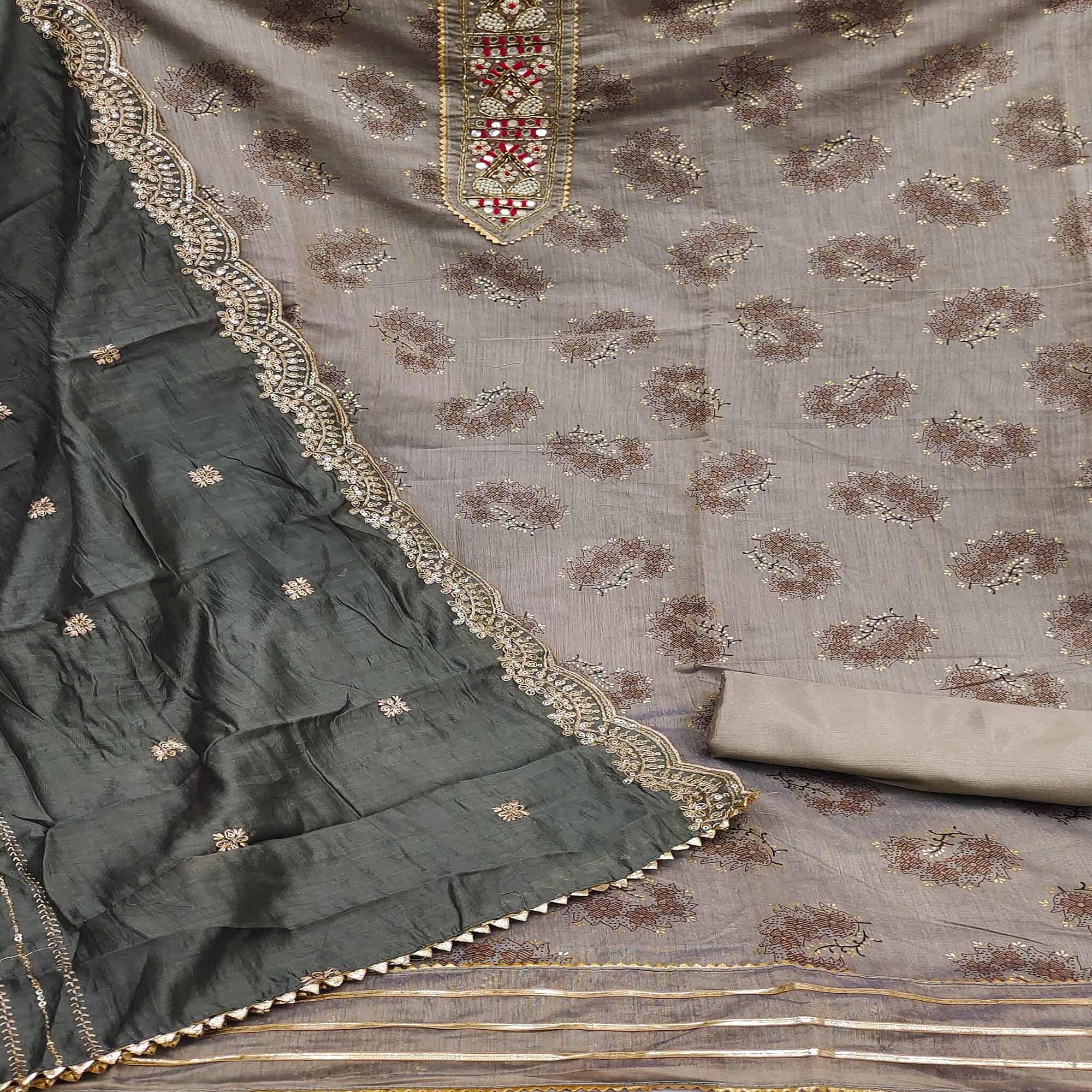 Grey Floral Printed Chanderi Dress Material - Peachmode