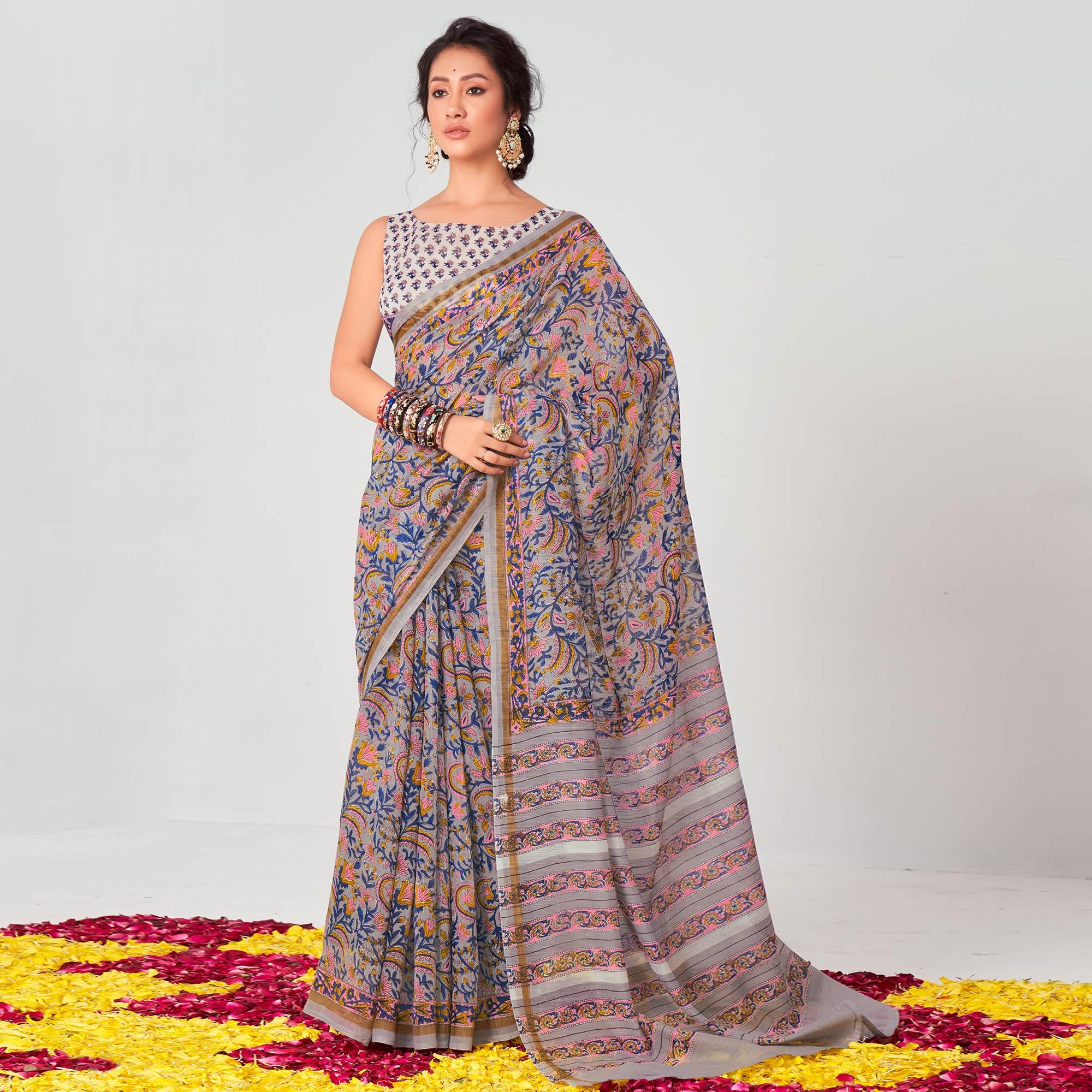 Grey Floral Printed Chanderi Saree - Peachmode