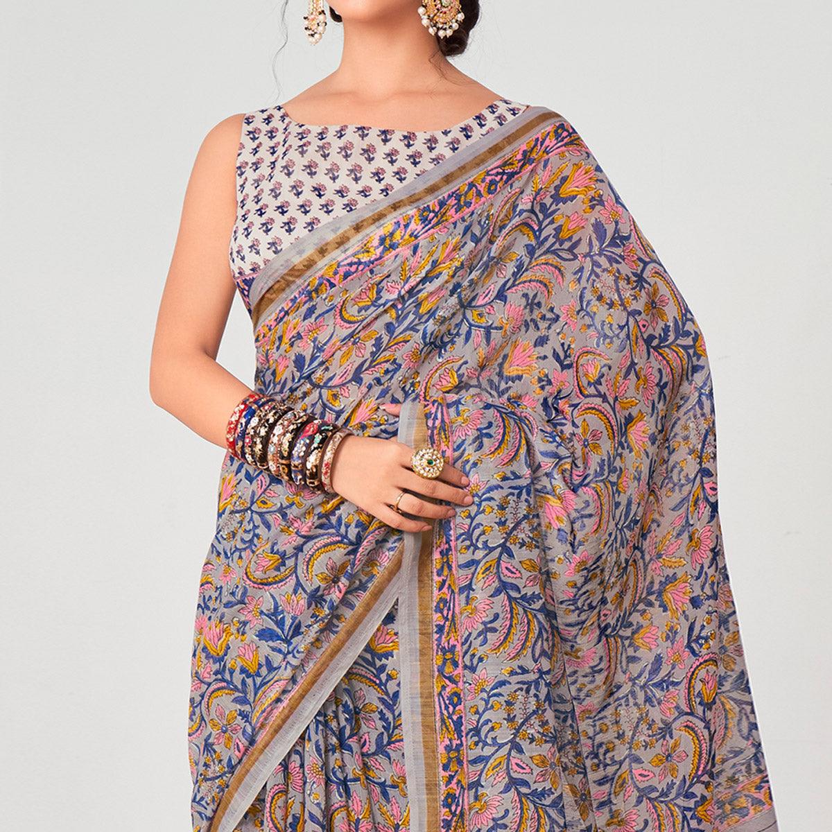 Grey Floral Printed Chanderi Saree - Peachmode