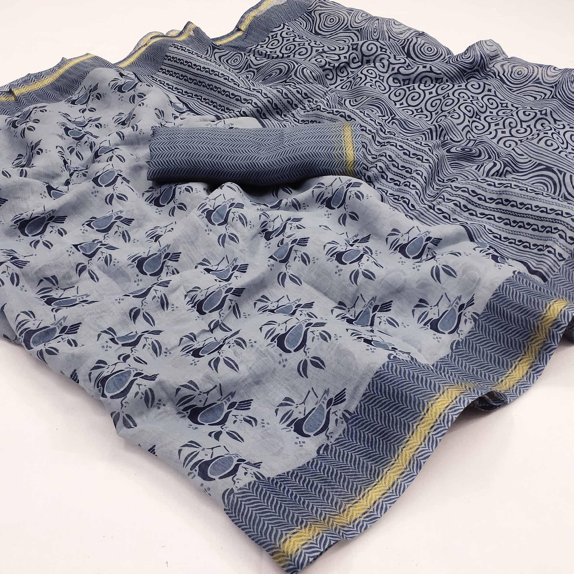 Grey Floral Printed Cotton Blend Saree - Peachmode