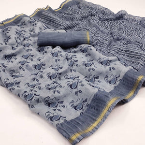 Grey Floral Printed Cotton Blend Saree - Peachmode