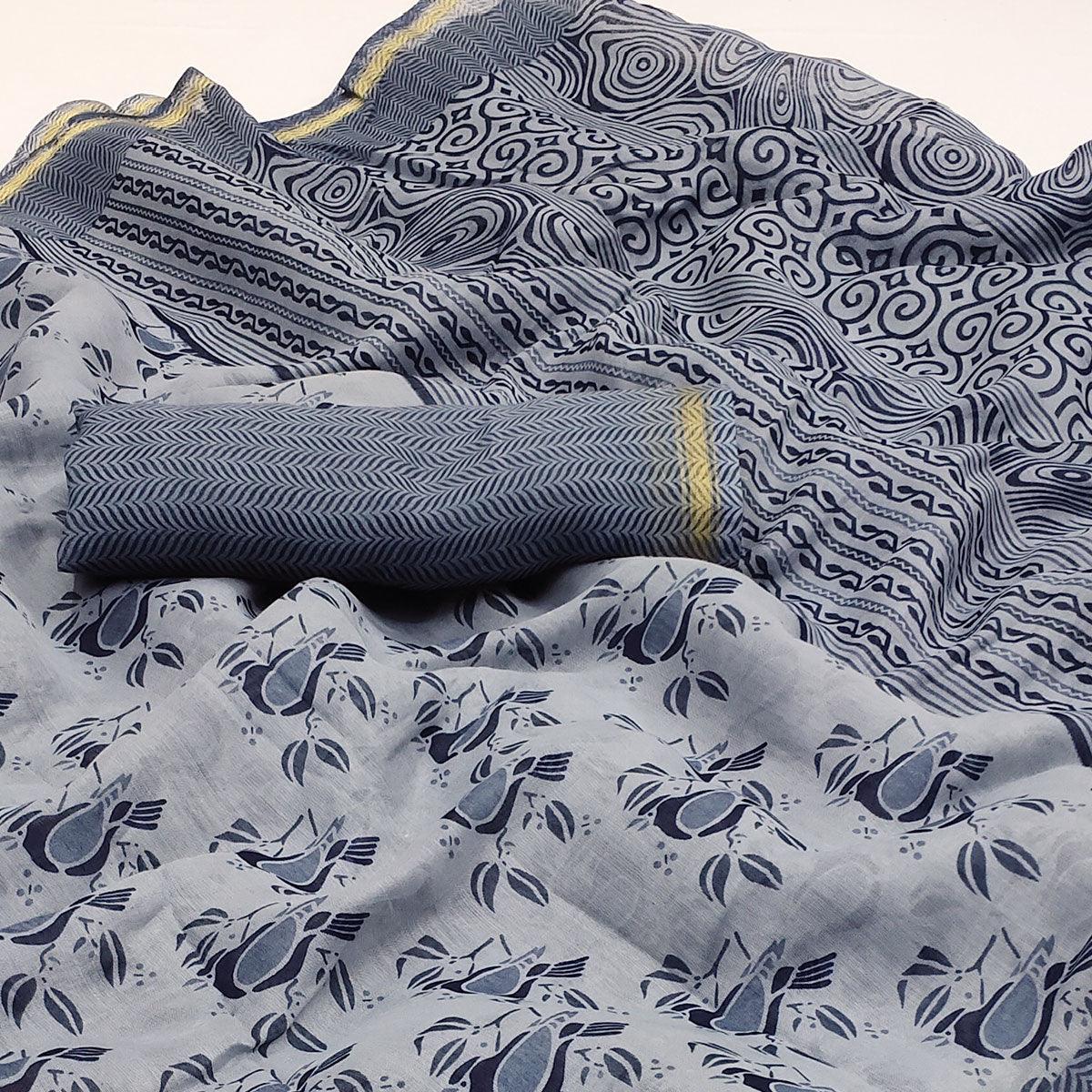 Grey Floral Printed Cotton Blend Saree - Peachmode