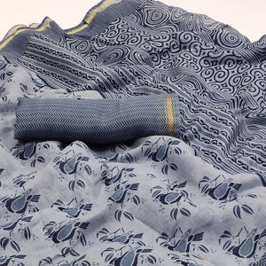 Grey Floral Printed Cotton Blend Saree - Peachmode