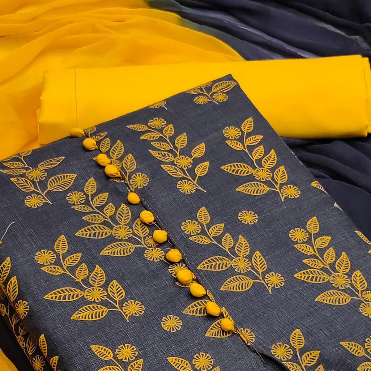 Grey Floral Printed Cotton Dress Material - Peachmode